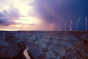canyon, Lightning, Storm, River, Sky, Clouds
