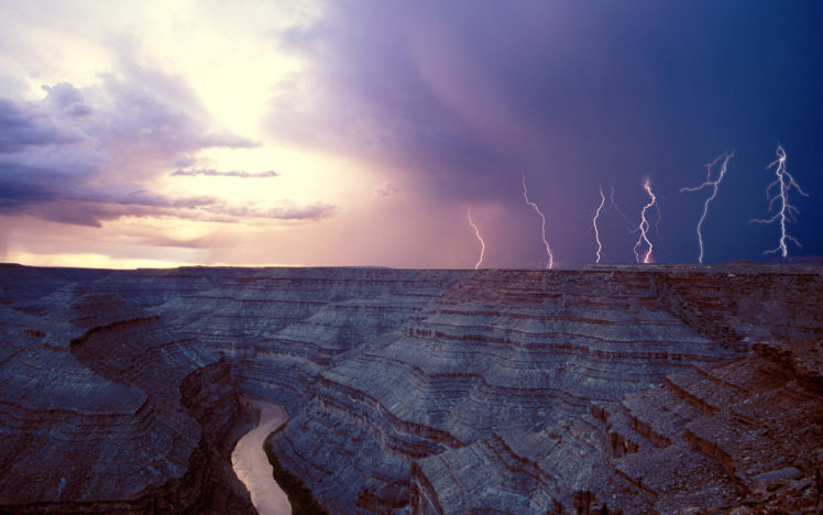 canyon, Lightning, Storm, River, Sky, Clouds HD Wallpaper Desktop Background