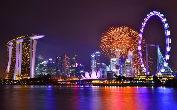 singapore, Cities, Harbor, Reflection, Buildings, Skyscrapers, Fireworks, Ferris, Wheel, Night, Lights HD Wallpaper Desktop Background