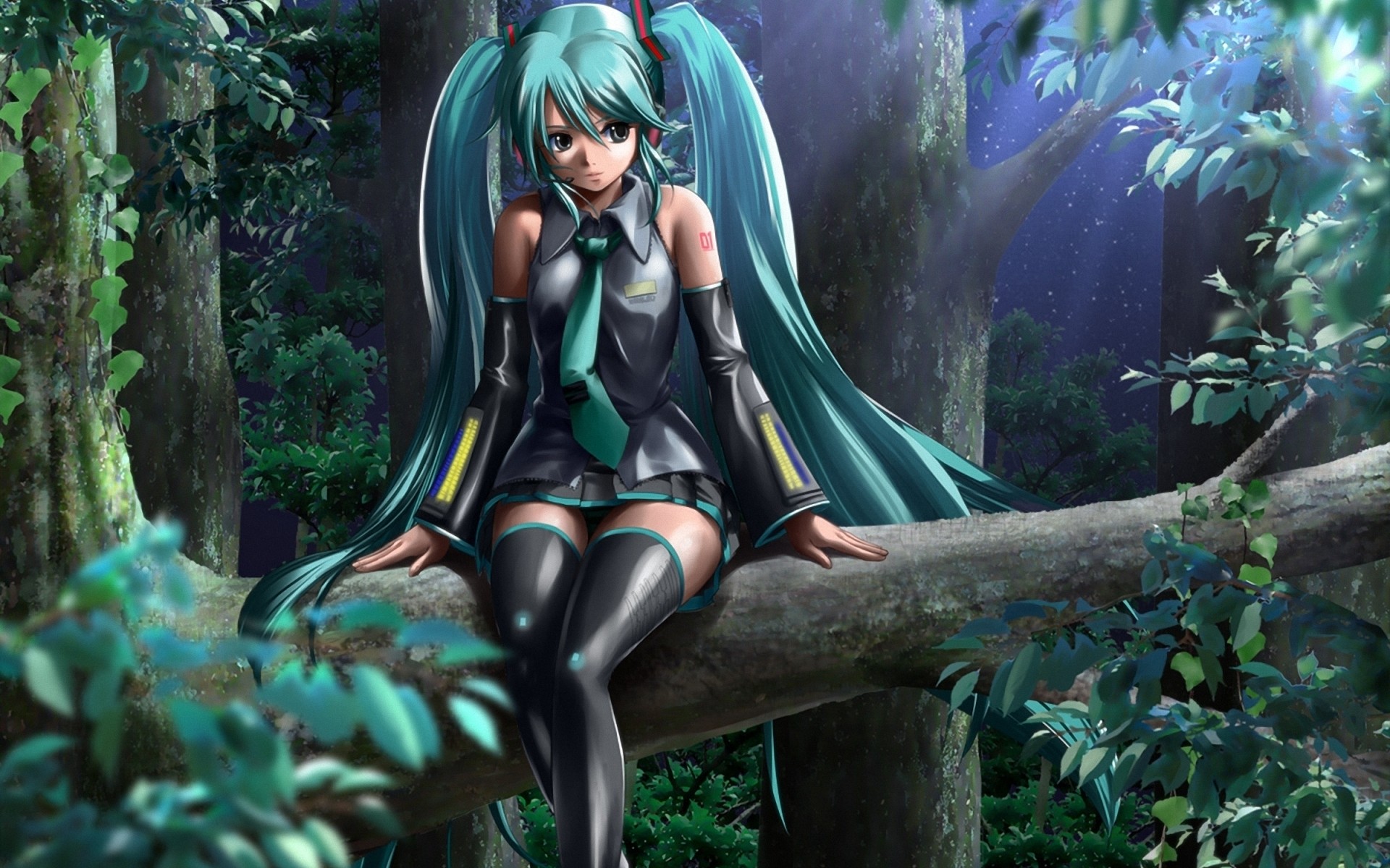 vocaloid, Hatsune, Miku, Girl, Sitting, Wood, Tree, Branch Wallpaper