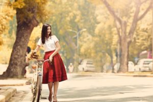 photo, Vintage, Bicycle, Classic, Red, Dress, Summer, Street, Autumn, Girl, Beautiful