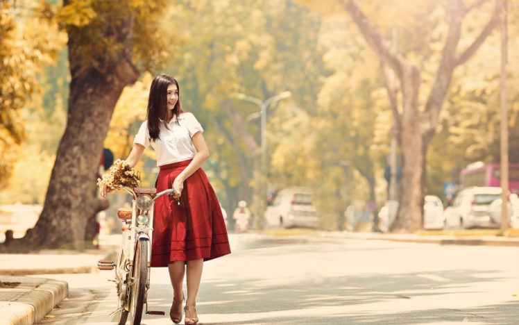 photo, Vintage, Bicycle, Classic, Red, Dress, Summer, Street, Autumn, Girl, Beautiful HD Wallpaper Desktop Background