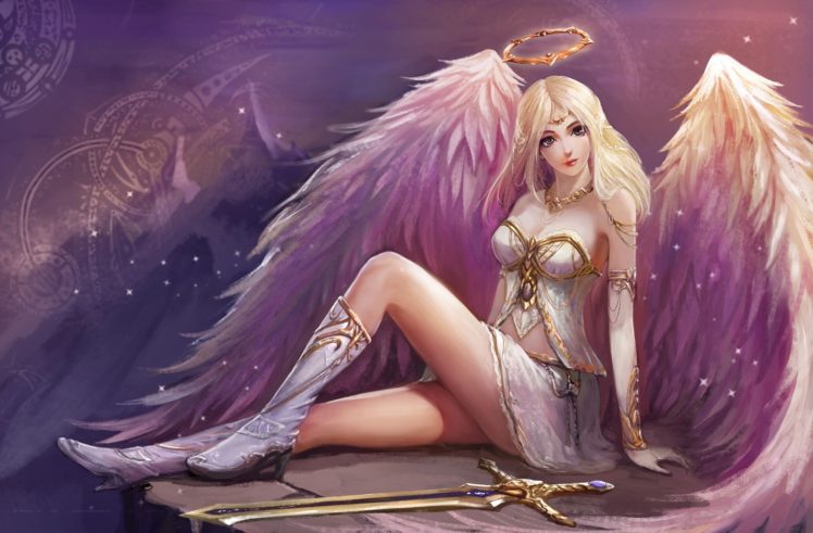 angel, Girl, Beautiful, Wings, Blonde, Dress, Sword HD Wallpaper Desktop Background