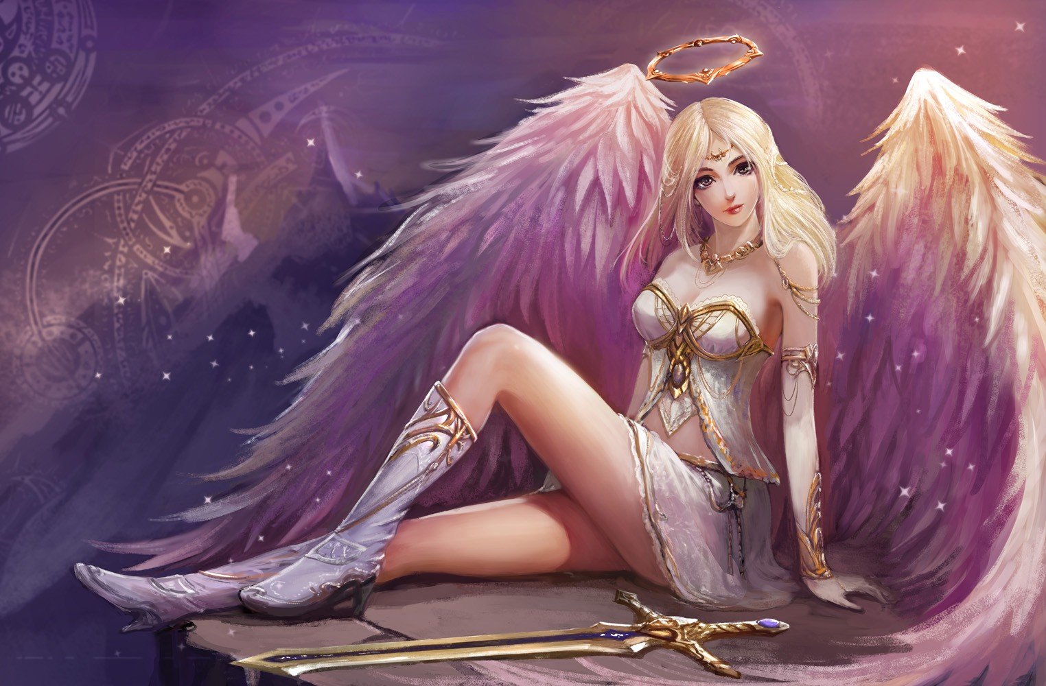 angel, Girl, Beautiful, Wings, Blonde, Dress, Sword Wallpaper