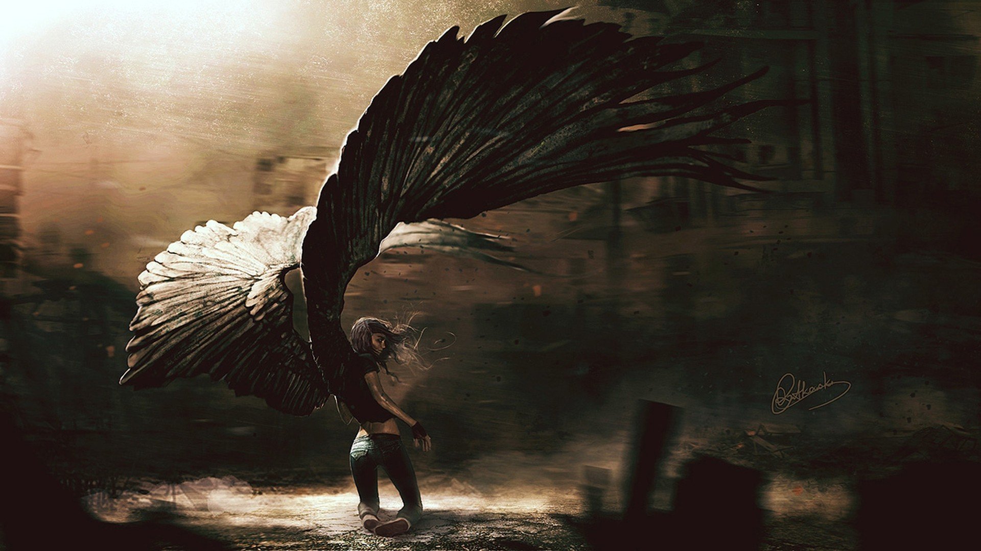 fallen, Angel, Girl, Beautiful, Wings, Long, Hair Wallpaper