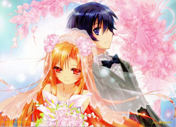 sword, Art, Online, Series, Anime, Couple, Bridal, Girl, Dress, Flower, Beautiful, Asuna, Yuuki, Character HD Wallpaper Desktop Background
