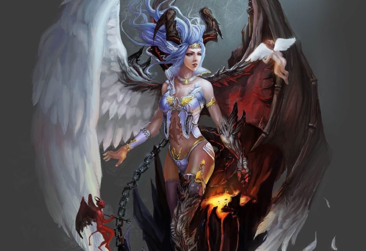 arts, Angel, Horns, Chain, Wings, Angelok, Demon, Girls HD Wallpaper Desktop Background