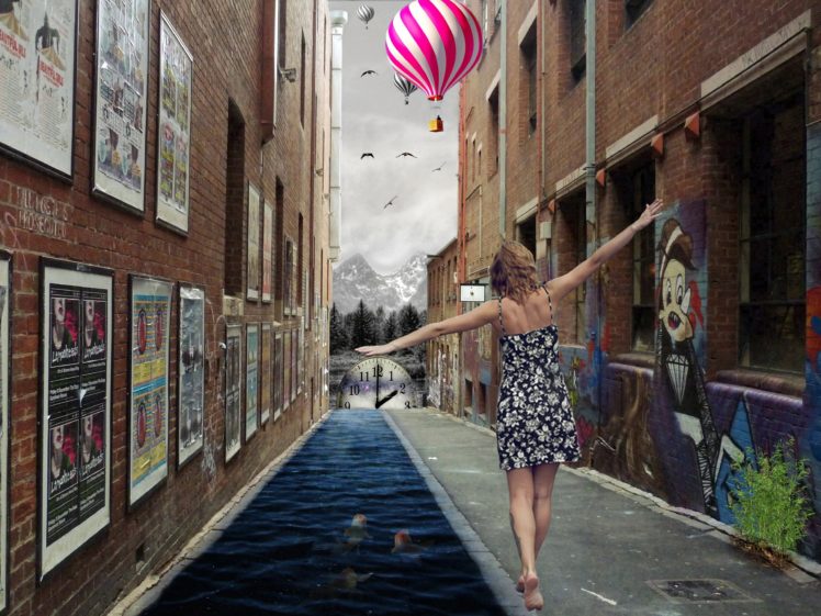 surreal, Ariel, Time, River, Birds, Balon, Lady HD Wallpaper Desktop Background