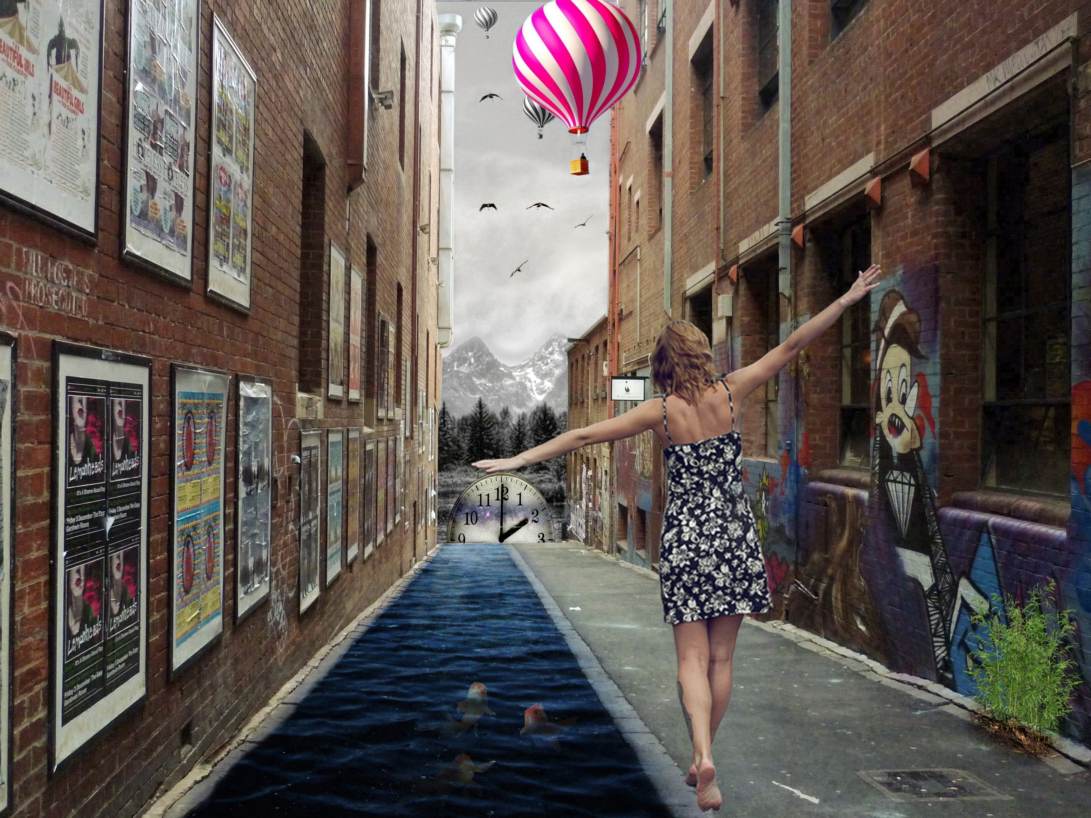 surreal, Ariel, Time, River, Birds, Balon, Lady Wallpaper