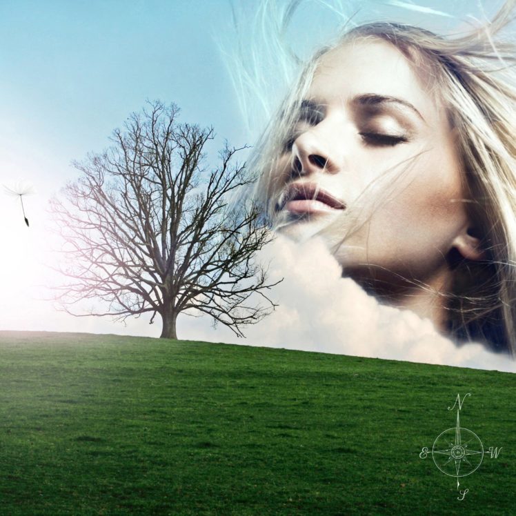 wind, Surreal, Dandelion, Angel, Wish, Hill, Tree, Cloud HD Wallpaper Desktop Background