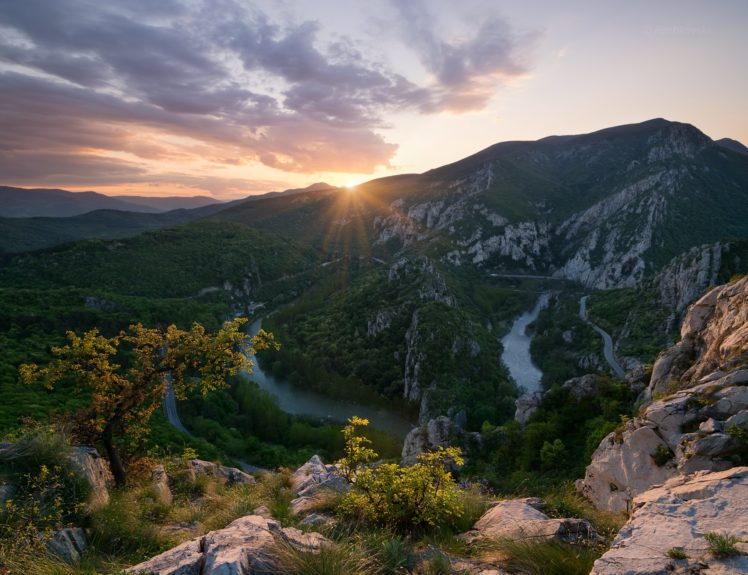 mountain, Ridge, Defile, River, Spring, Balcans, Rock, Sunset, Sun, Bulgaria HD Wallpaper Desktop Background