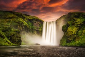 sunset, Glow, Iceland, Waterfal, Skogafoss, Waterfall
