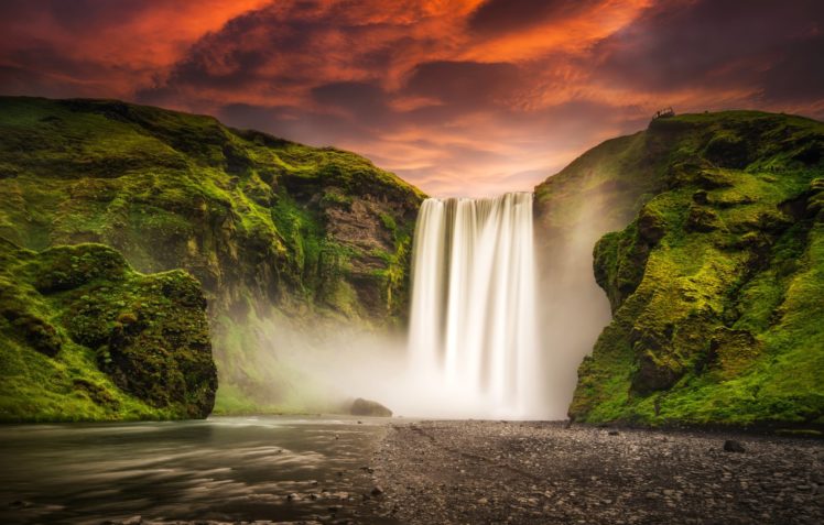sunset, Glow, Iceland, Waterfal, Skogafoss, Waterfall HD Wallpaper Desktop Background