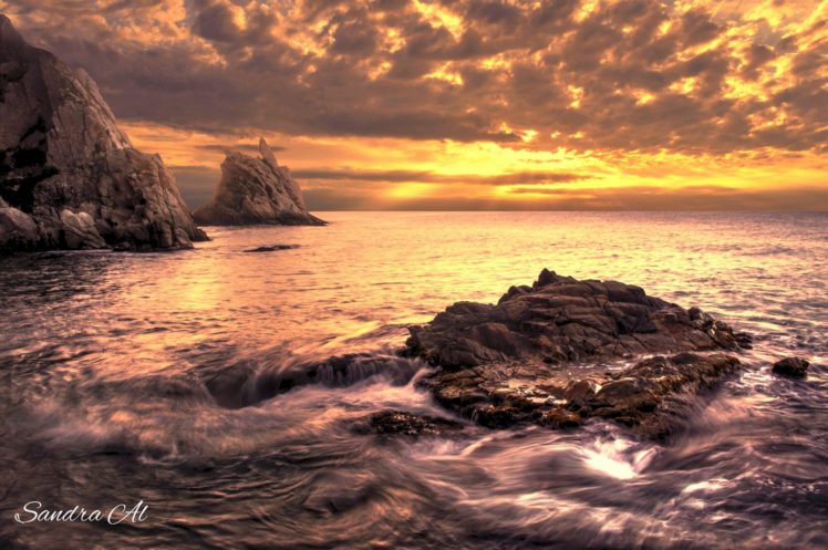 glow, Rock, Spain, Gerona, Sea, Sunset, Ocean HD Wallpaper Desktop Background