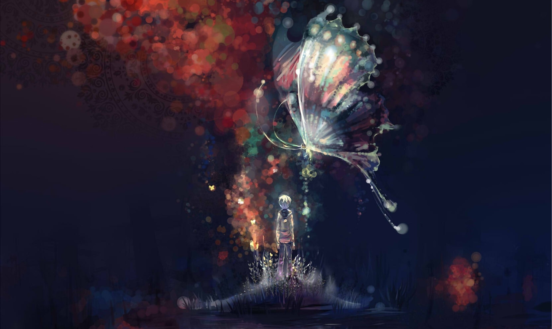 art, Night, Abstract, Butterfly, Boy, Island, Water, Lake, Anime, Original Wallpaper