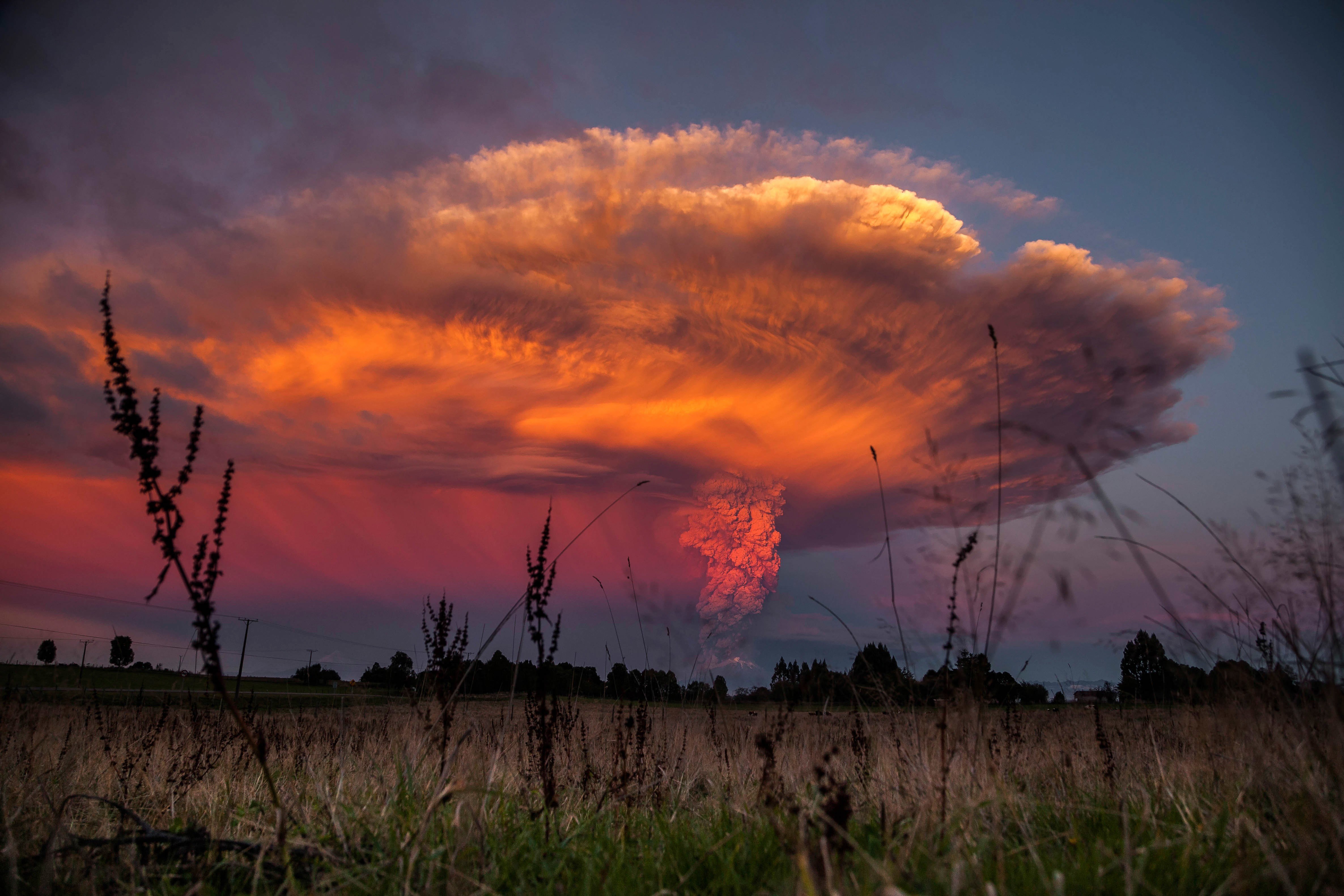 volcano, Grass, Clouds, Landscape, Nature, Sky Wallpaper