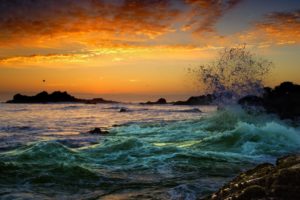 waves, Rock, Ocean, Sunset, Nature