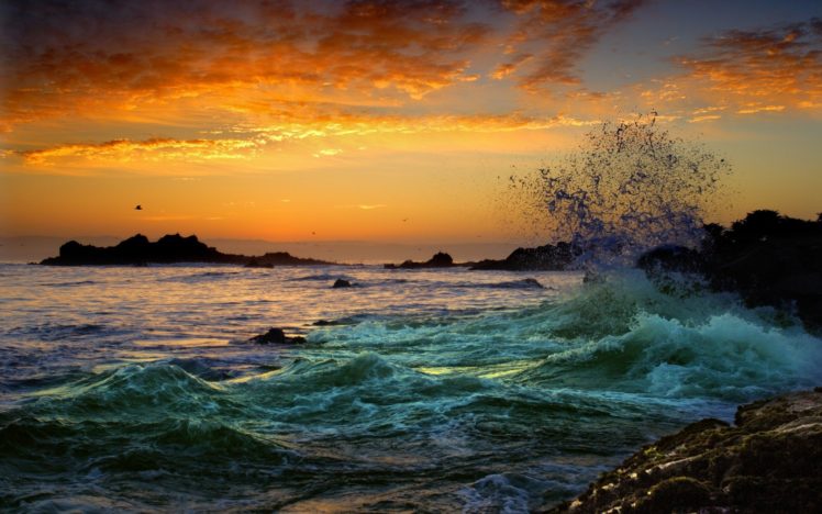 waves, Rock, Ocean, Sunset, Nature HD Wallpaper Desktop Background