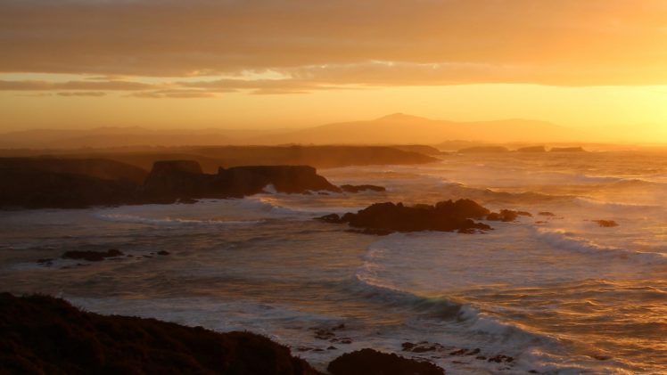 sunset, Glow, Cantabric, Sea, Sea, Seashore, Tide, Waves, Ocean HD Wallpaper Desktop Background