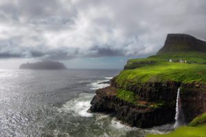 sea, Cloud, Village, Coast, Shore, Gaasadalur, Arctic, Scandinavia, Waterfall, Landscape, Denmark, Faroe, Islands