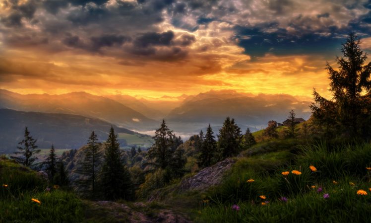 sunshine, Switzerland, Light, Flower, Valley, Glow, Countryside, Mountain, Sunset, Sundown, Landscape, Cloud HD Wallpaper Desktop Background