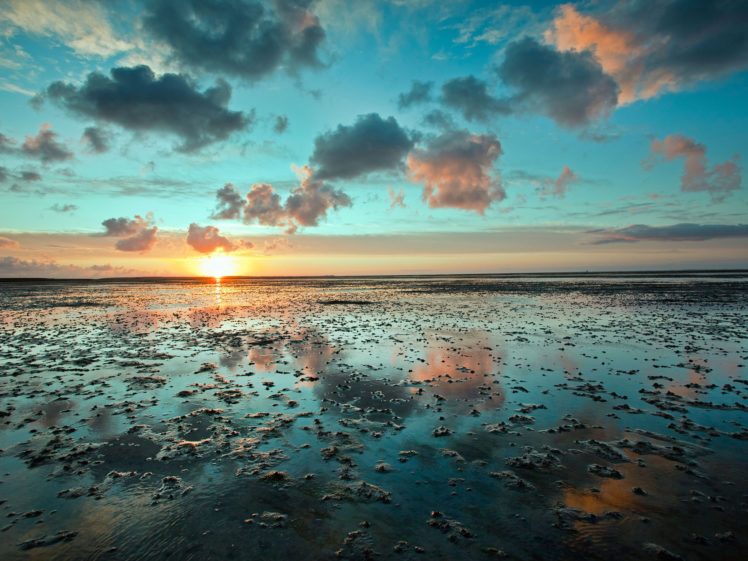 frisian, Island, Beach, Ocean, Sea, Reflection, Sunset, Sunrise, Sky, Clouds HD Wallpaper Desktop Background