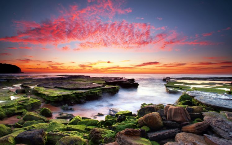 sunset, Moss, Seascape, Rock, Ocean, Nature HD Wallpaper Desktop Background