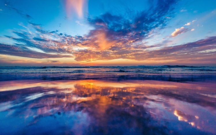 sunrise, Sunset, Sea, Ocean, Waves, Reflection, Beach HD Wallpaper Desktop Background