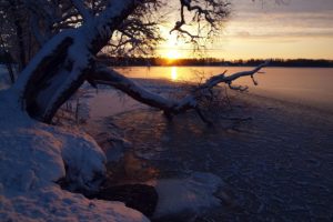 river, Lake, Sunrise, Sunset, Reflection, Winter, Snow