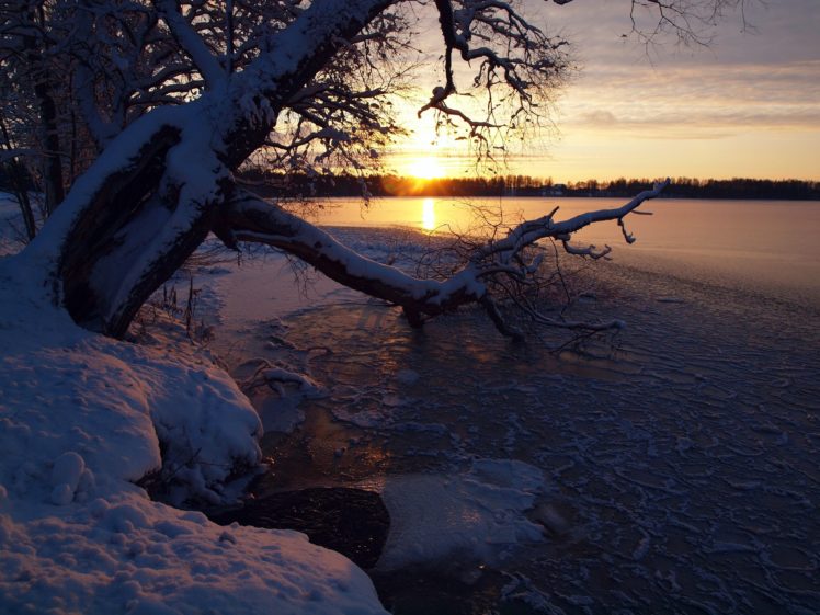 river, Lake, Sunrise, Sunset, Reflection, Winter, Snow HD Wallpaper Desktop Background