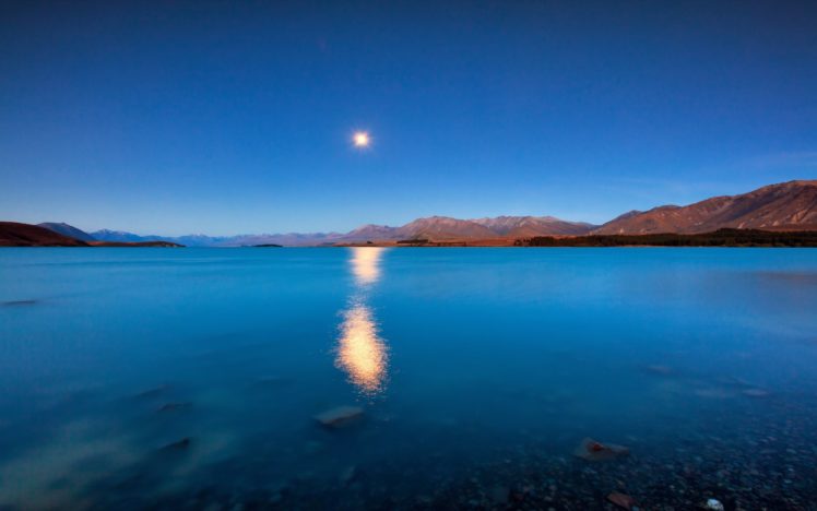 lake, Reflection, Moon, Sun, Sky, Mountains HD Wallpaper Desktop Background