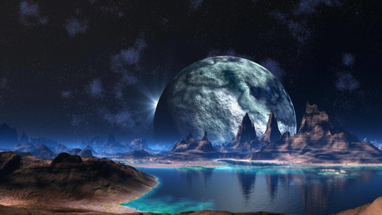 alien, Landscape, Planet, Stars, Lake, Sci fi, Space, Reflection, Mountains HD Wallpaper Desktop Background
