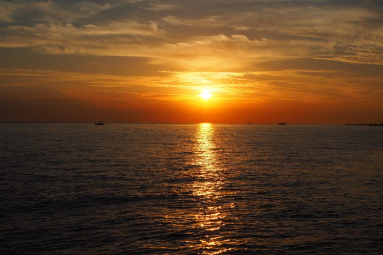 ship, Glow, Sky, Seascape, Sunset, Sea, Ocean HD Wallpaper Desktop Background