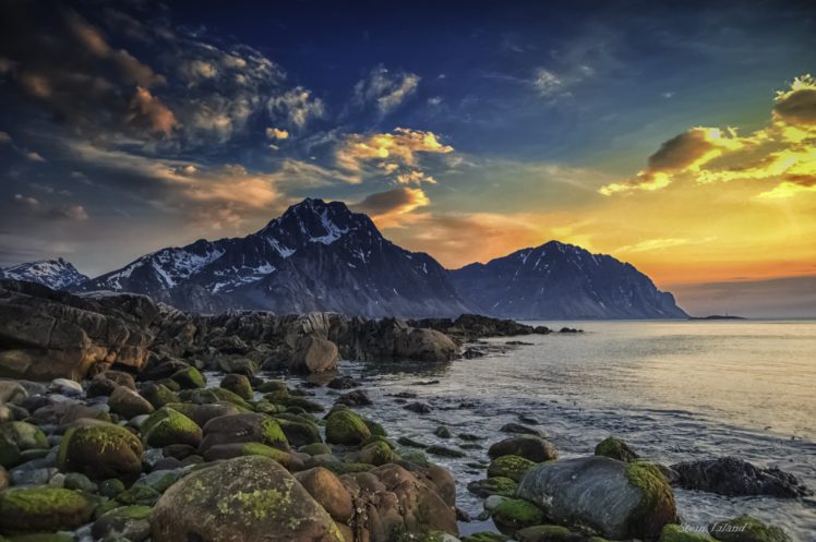 spring, Sea, Sky, Arctic, Scandinavia, Norway, Lofoten, Islands, Mountain, Boulders, Seashore HD Wallpaper Desktop Background