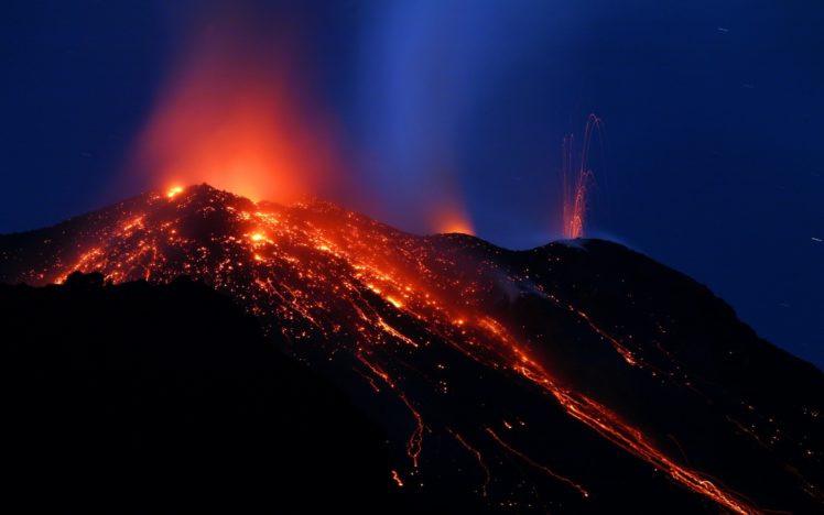mountain, Volcano, Lava, Glow, Night HD Wallpaper Desktop Background