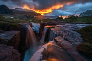 glow, Nature, Sunrise, Triple, Falls, Montana, Glacier, National, Park, Waterfall, Storm, Clouds, Waterfall, River