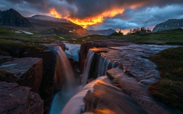 glow, Nature, Sunrise, Triple, Falls, Montana, Glacier, National, Park, Waterfall, Storm, Clouds, Waterfall, River HD Wallpaper Desktop Background