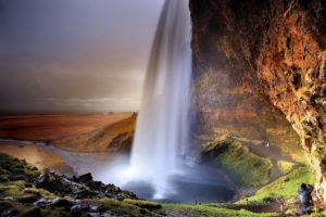 waterfall, Iceland, Seljalandsfoss, Rock, People