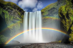 rainbow, Moss, Rock, Waterfall, Skogafoss, Waterfall