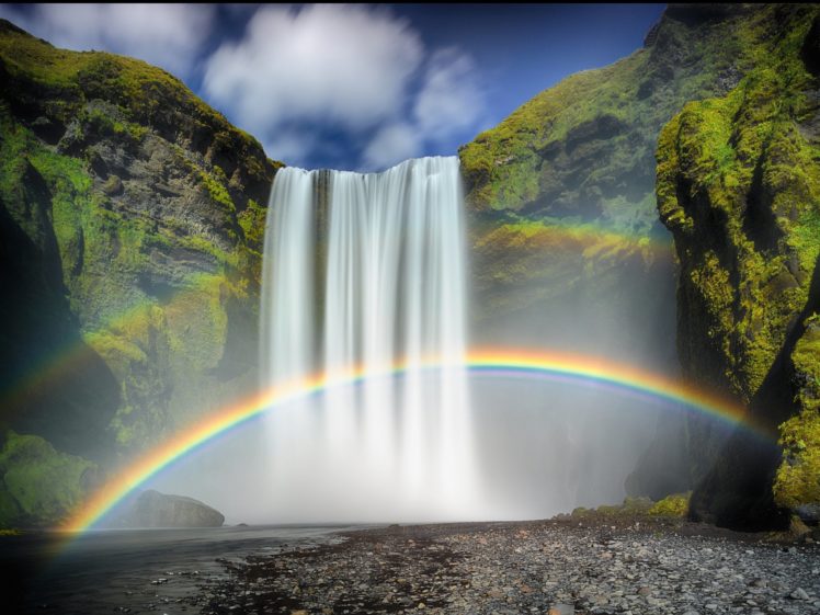 rainbow, Moss, Rock, Waterfall, Skogafoss, Waterfall HD Wallpaper Desktop Background