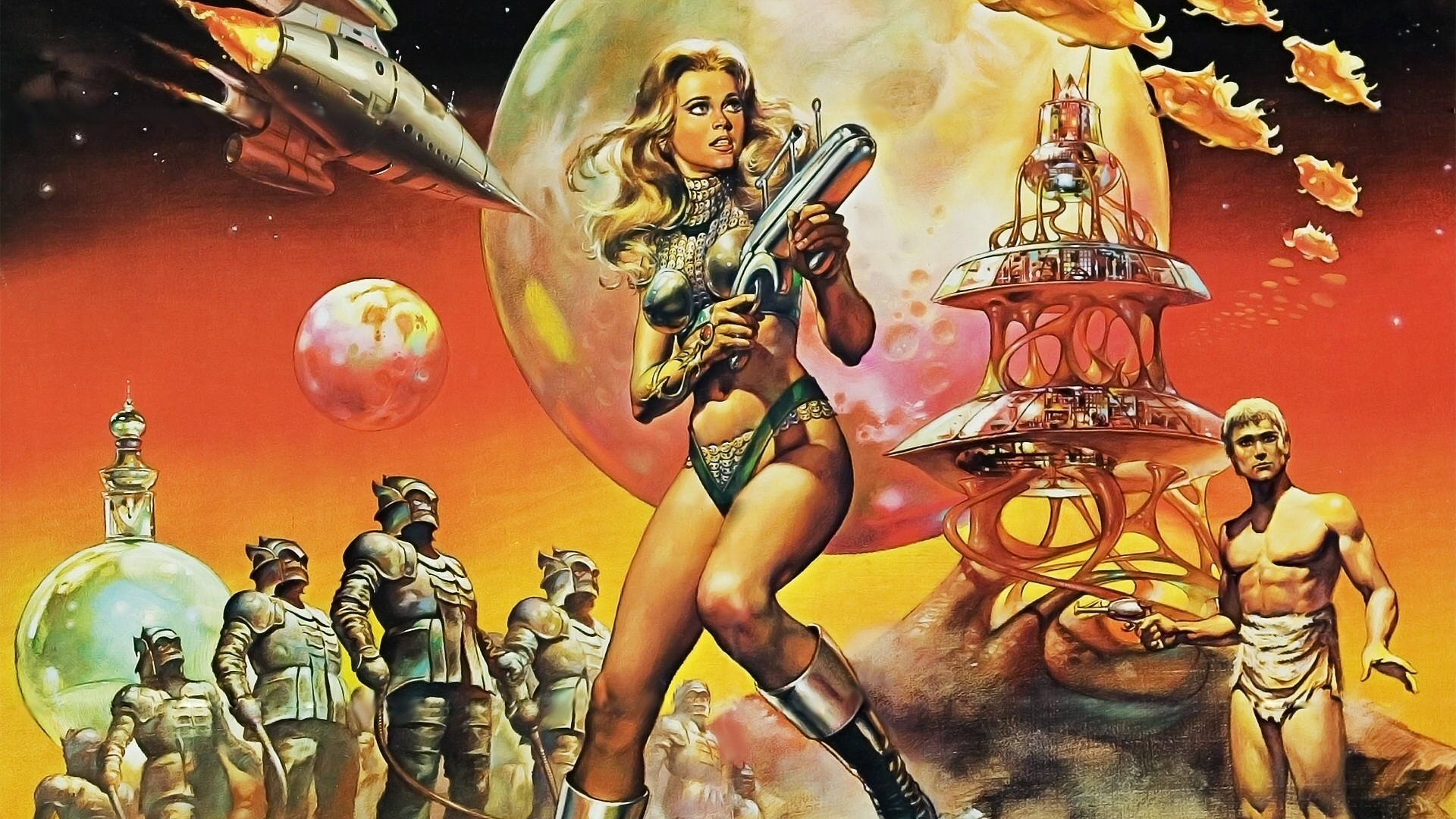 barbarella, Jane, Fonda, Movies, Sci fi, Futuristic, Warrior, Weapons, Guns, Laser, Women, Females, Blonde, Spaceship, Planet, Moon Wallpaper