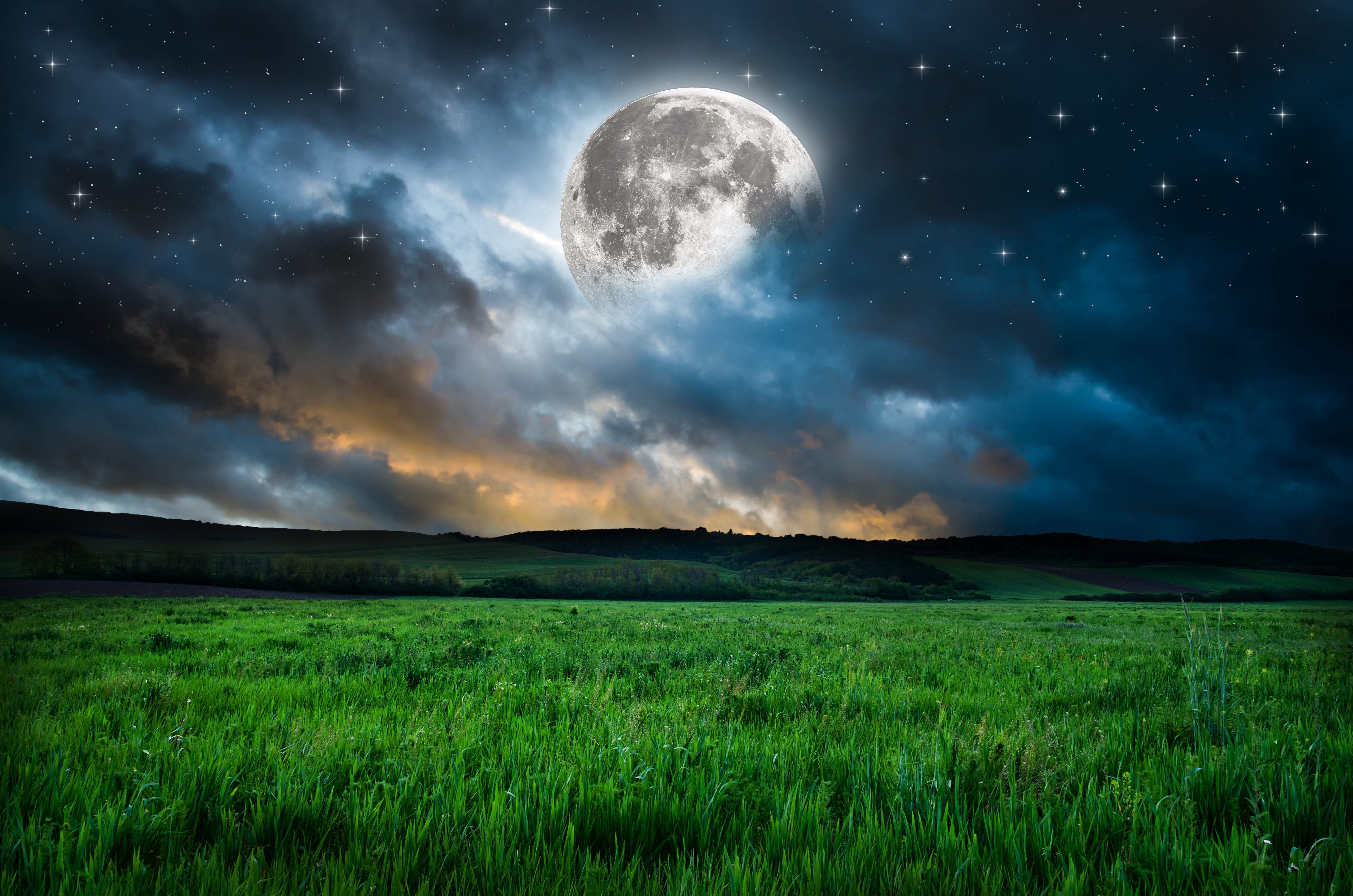 moon, Grass, Mood, Night, Stars, Fantasy, Dream, Nature, Landscape Wallpaper