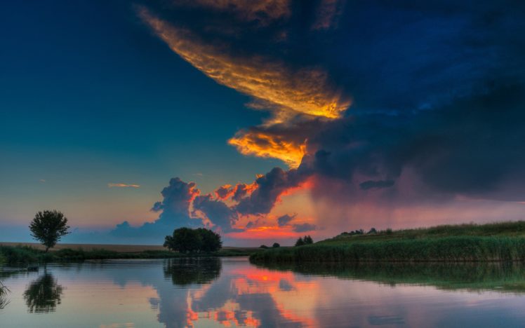 reflection, Sunset, Sunrise, Sky, Clouds, Raun, Storm, River HD Wallpaper Desktop Background