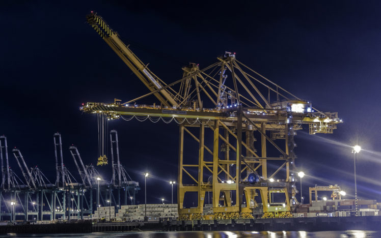 crane, Night, Port, Mechanical, Mech, Machinery HD Wallpaper Desktop Background