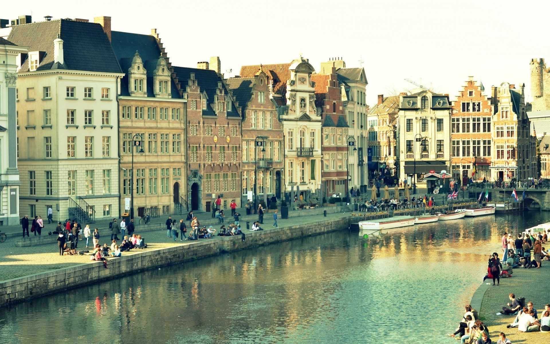 ghent, Belgium, City, Houses, Buildings, Water, Reflection, Bridge, Canal, Window, People Wallpaper