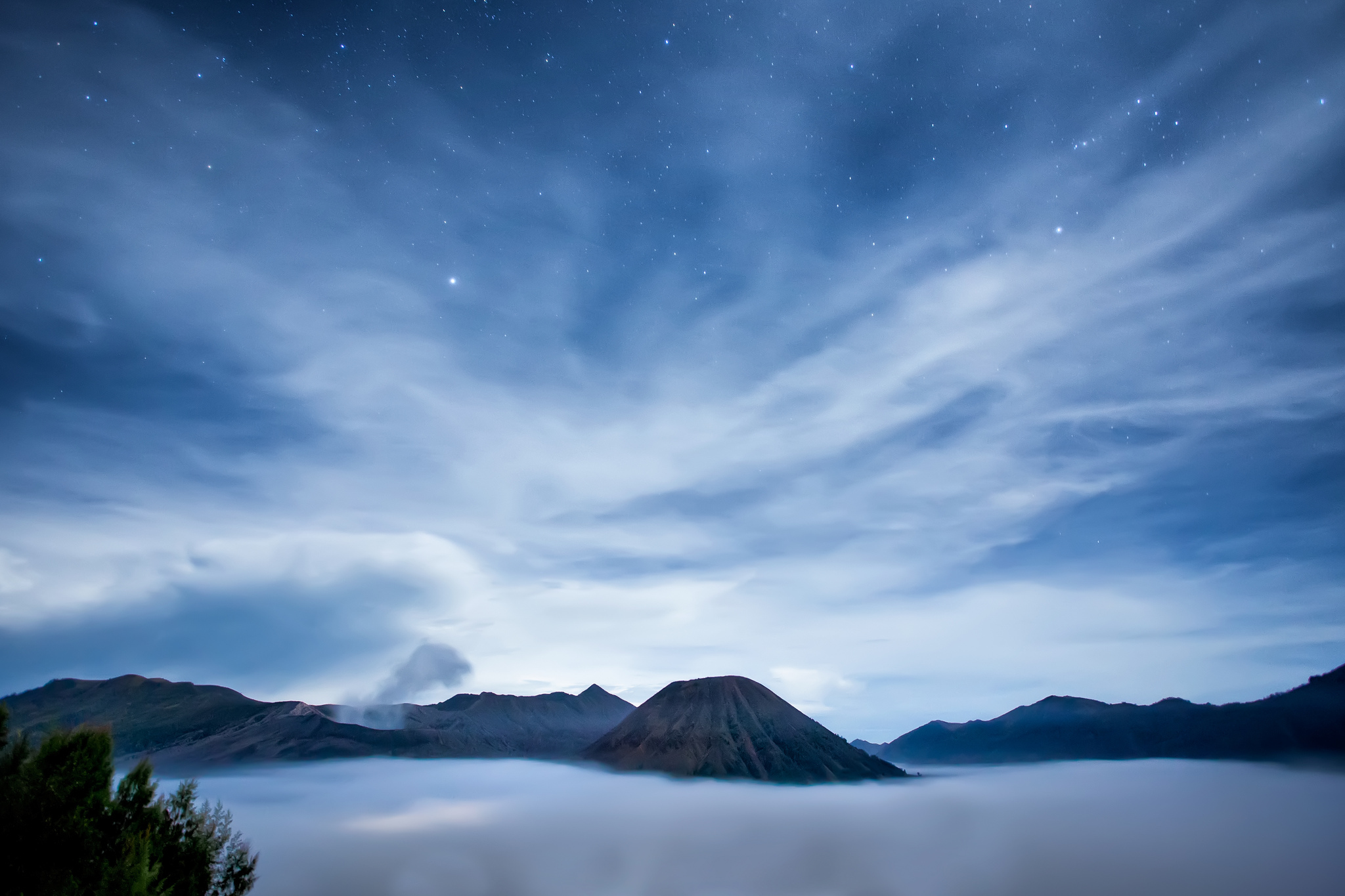 indonesia, Java, Island, Sea, Volcano, Night, Sky, Clouds, Stars, Mountains, Landscapes Wallpaper