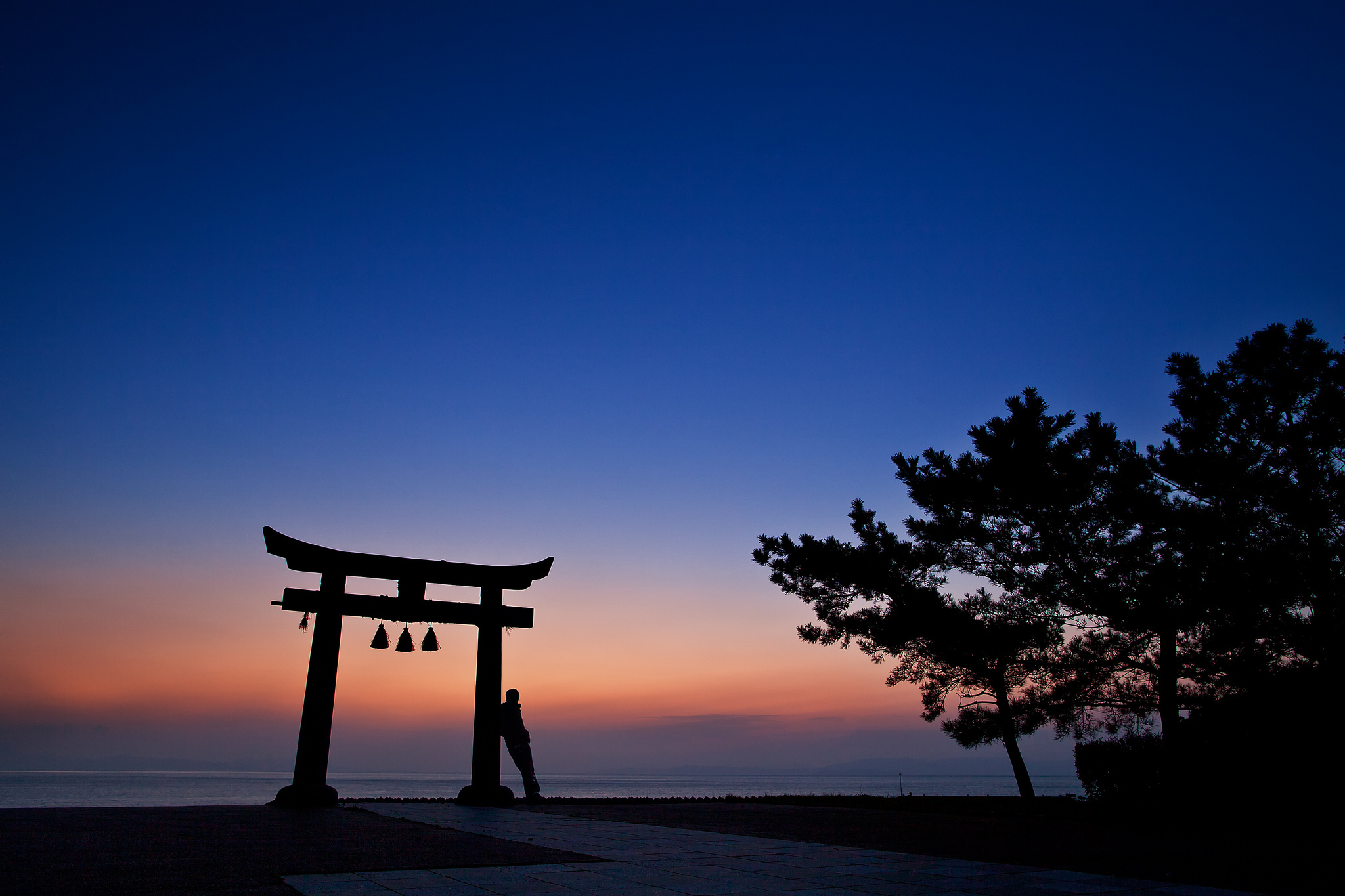 japan, Night, Orange, Sunset, Blue, Sky, Trees, Arch, Architecture, People, Silhouette, Ocean, Sea, Mood, Gate Wallpaper