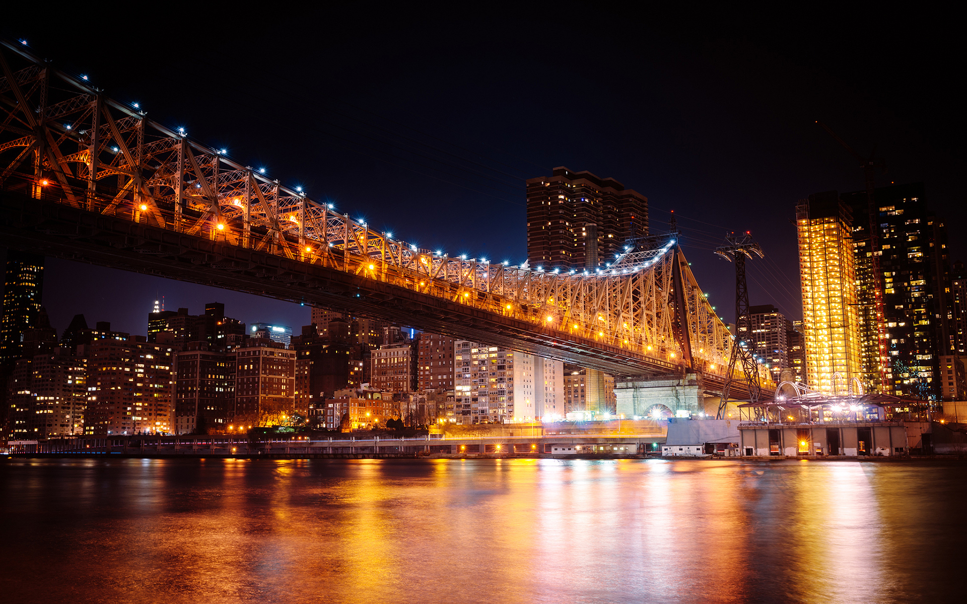 new, York, Buildings, Skyscrapers, Queensboro, Bridge, Bridge, Lights, Night, River, Reflection Wallpaper