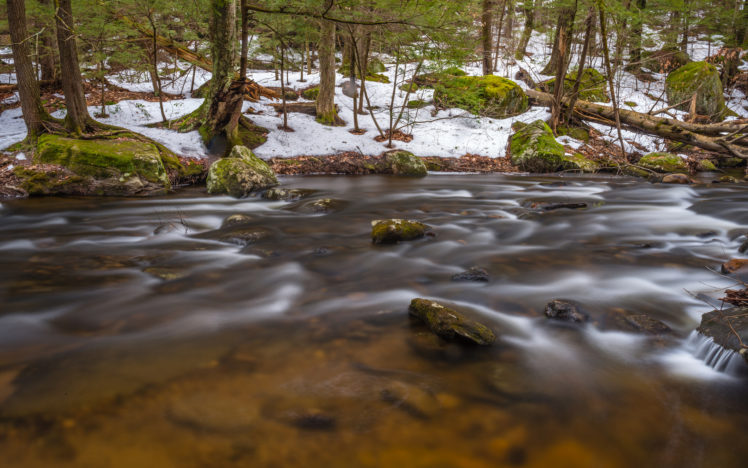 river, Trees, Forest, Snow, Winter, Rocks, Stones HD Wallpaper Desktop Background