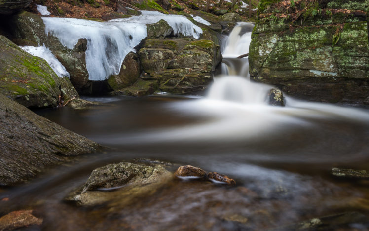 stream, Ice, Winter, Rock, Stone, Moss, Timelapse, River, Waterfalls HD Wallpaper Desktop Background